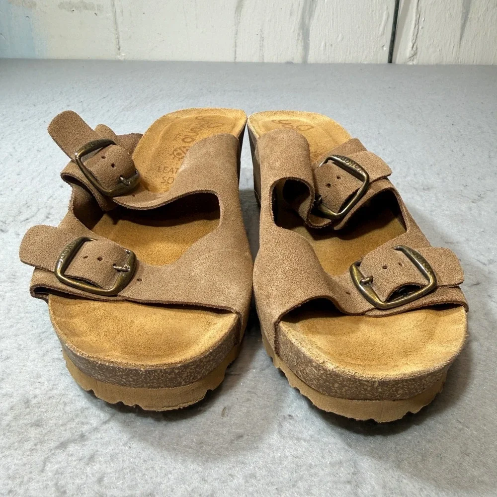 Yokono Wedge Sandals Women 7.5 Tan Brown Leather Two Strap Buckle Made In Spain